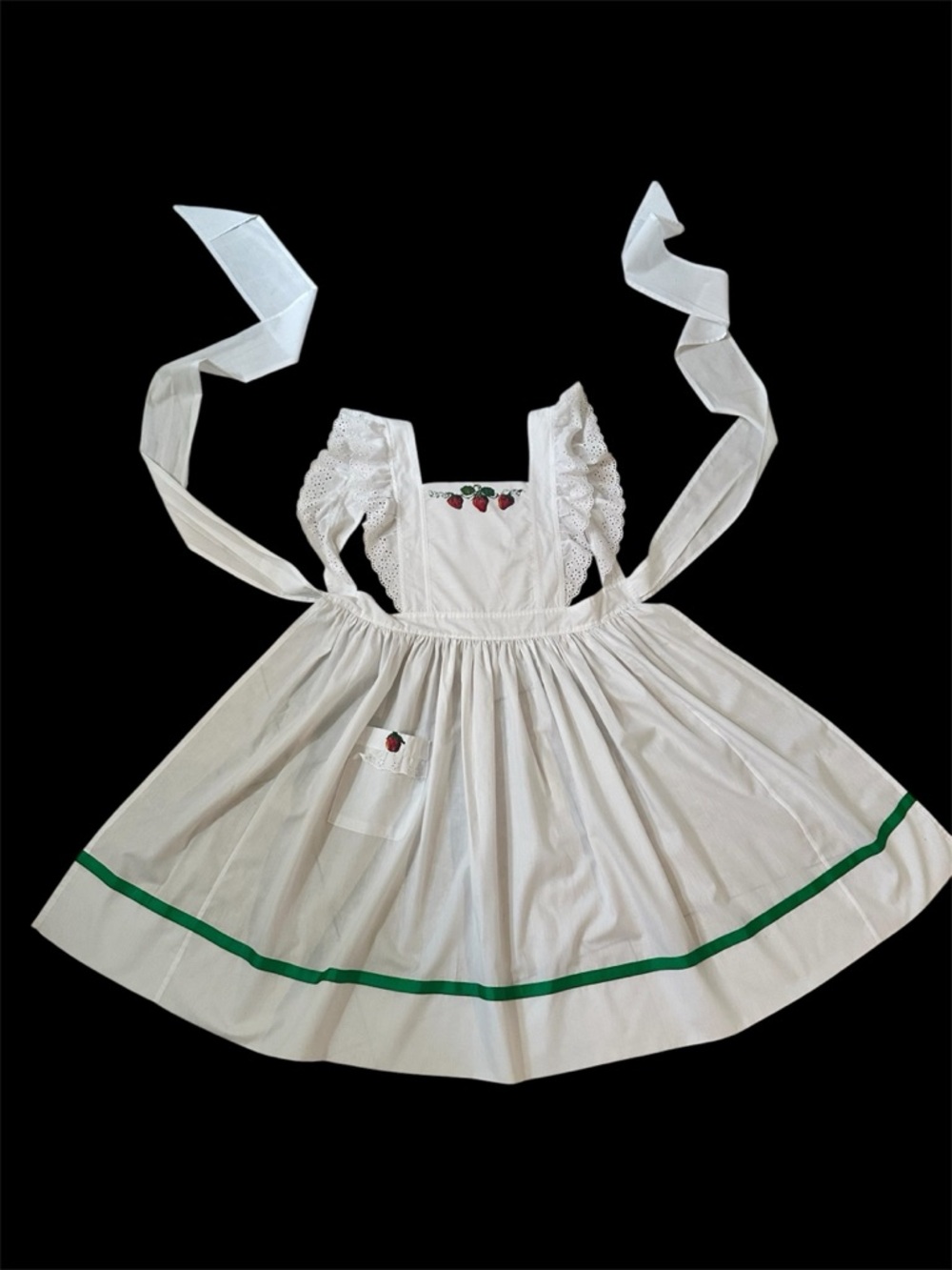 Vintage 1950s White Cotton Apron w/ painted strawberries